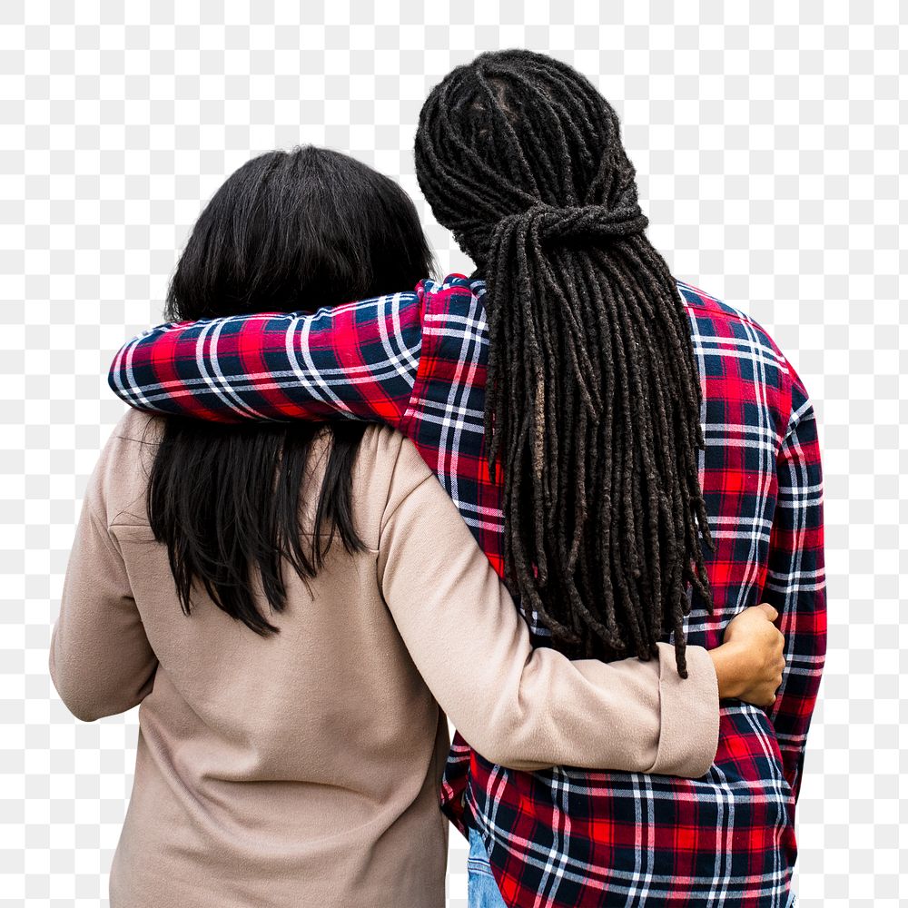 Couple png, arm around shoulder, rear view, transparent background