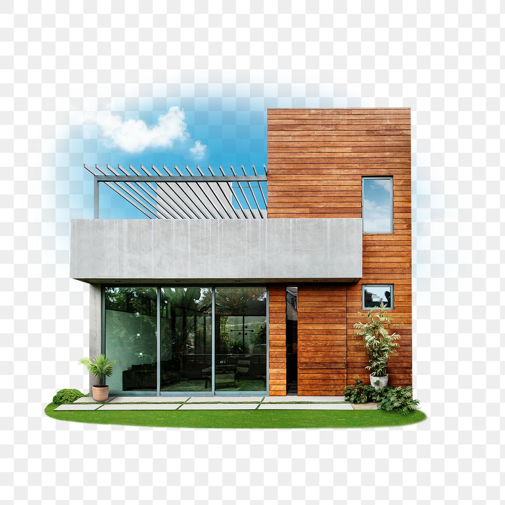 Modern villa png, wood & concrete exterior, transparent background
