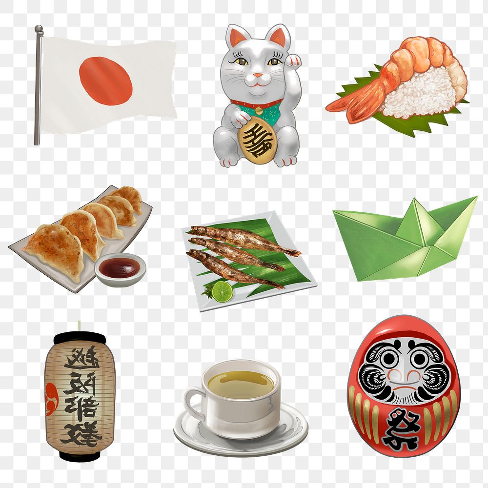 Japanese aesthetic png stickers, traditional realistic illustration set