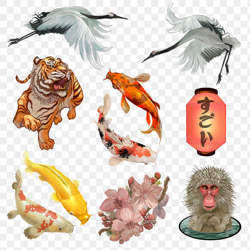 Japanese animal png stickers, traditional realistic illustration set