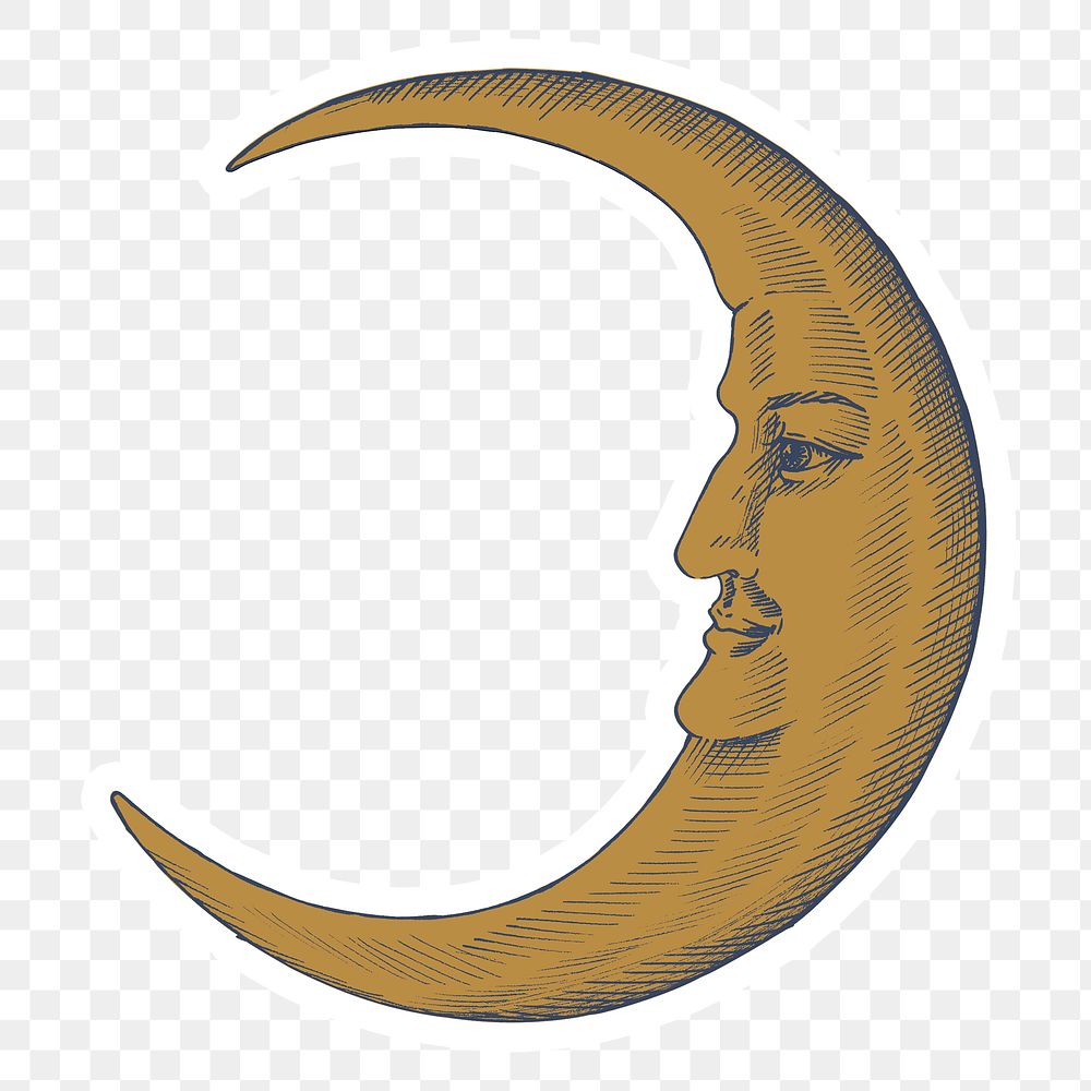 Hand drawn crescent moon with face sticker with a white border design element