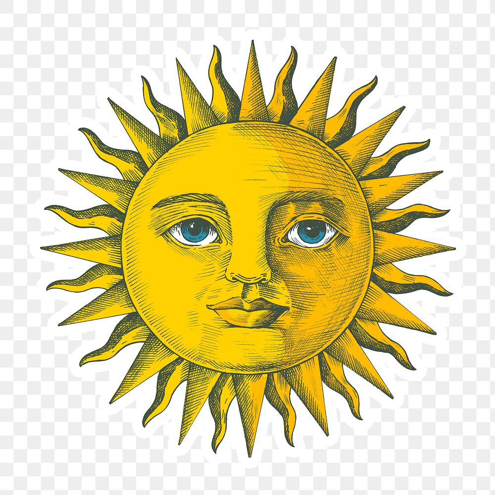 Hand drawn sun with a face sticker with a white border design element