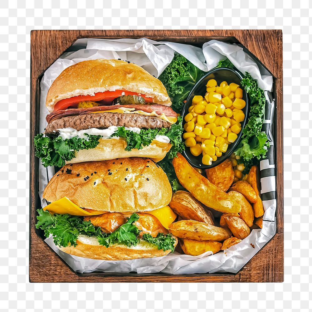 Png burger meal sticker, food photography, transparent background