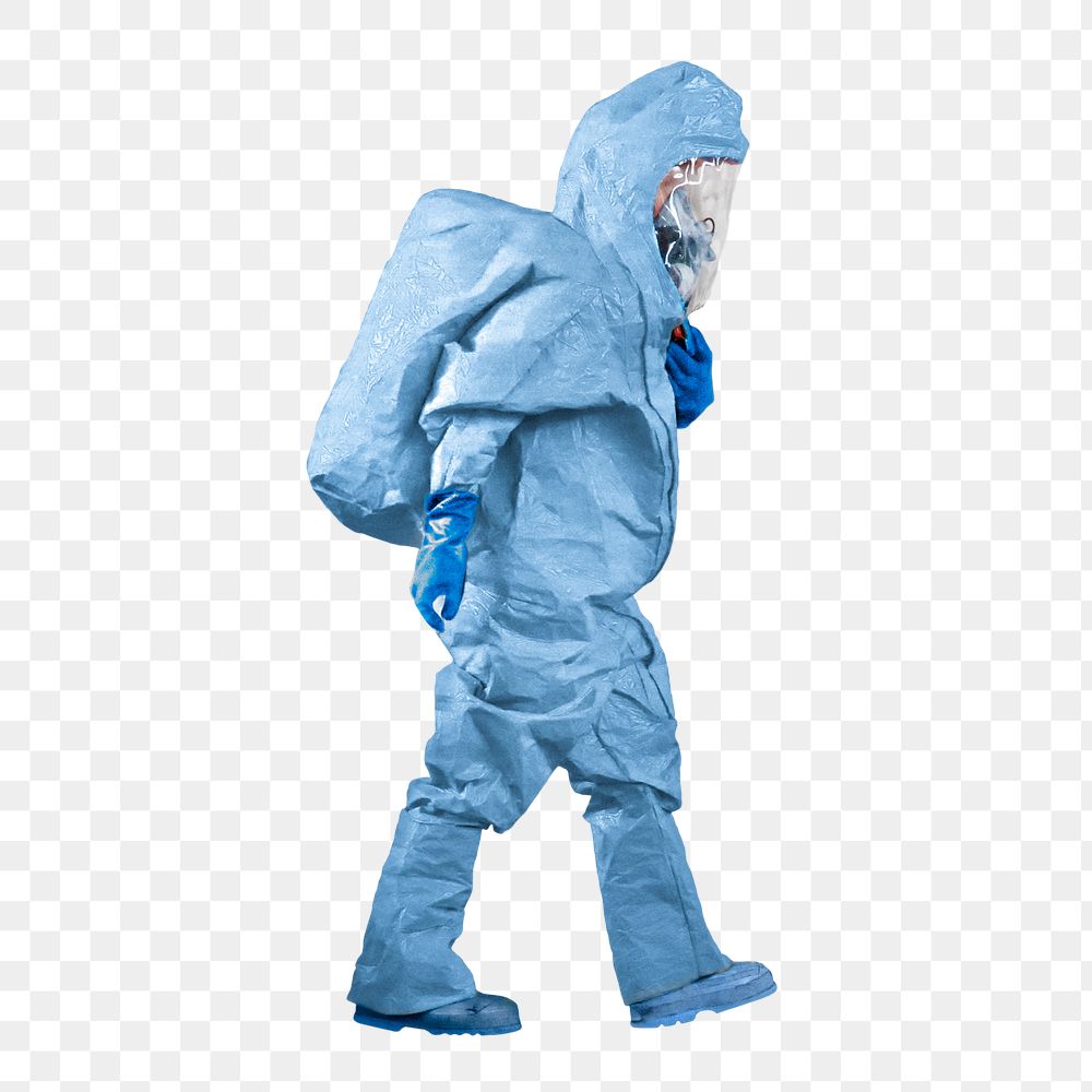 PPE suit png sticker, blue protective uniform image on transparent background