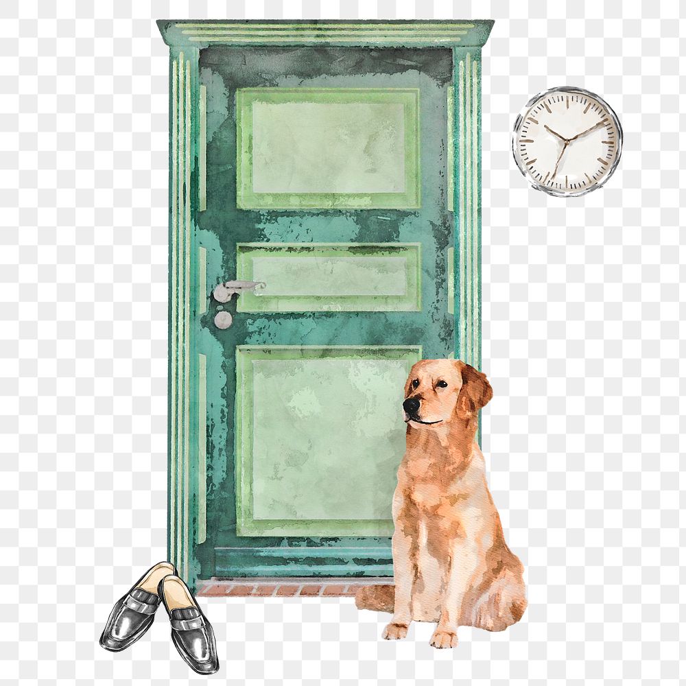 Golden retriever png waiting at door clipart, watercolor illustration