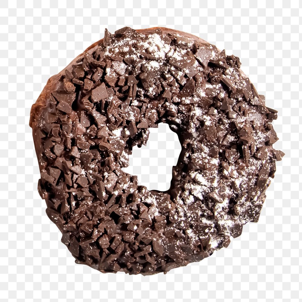 Png shredded chocolate donut sticker, food photography, transparent background