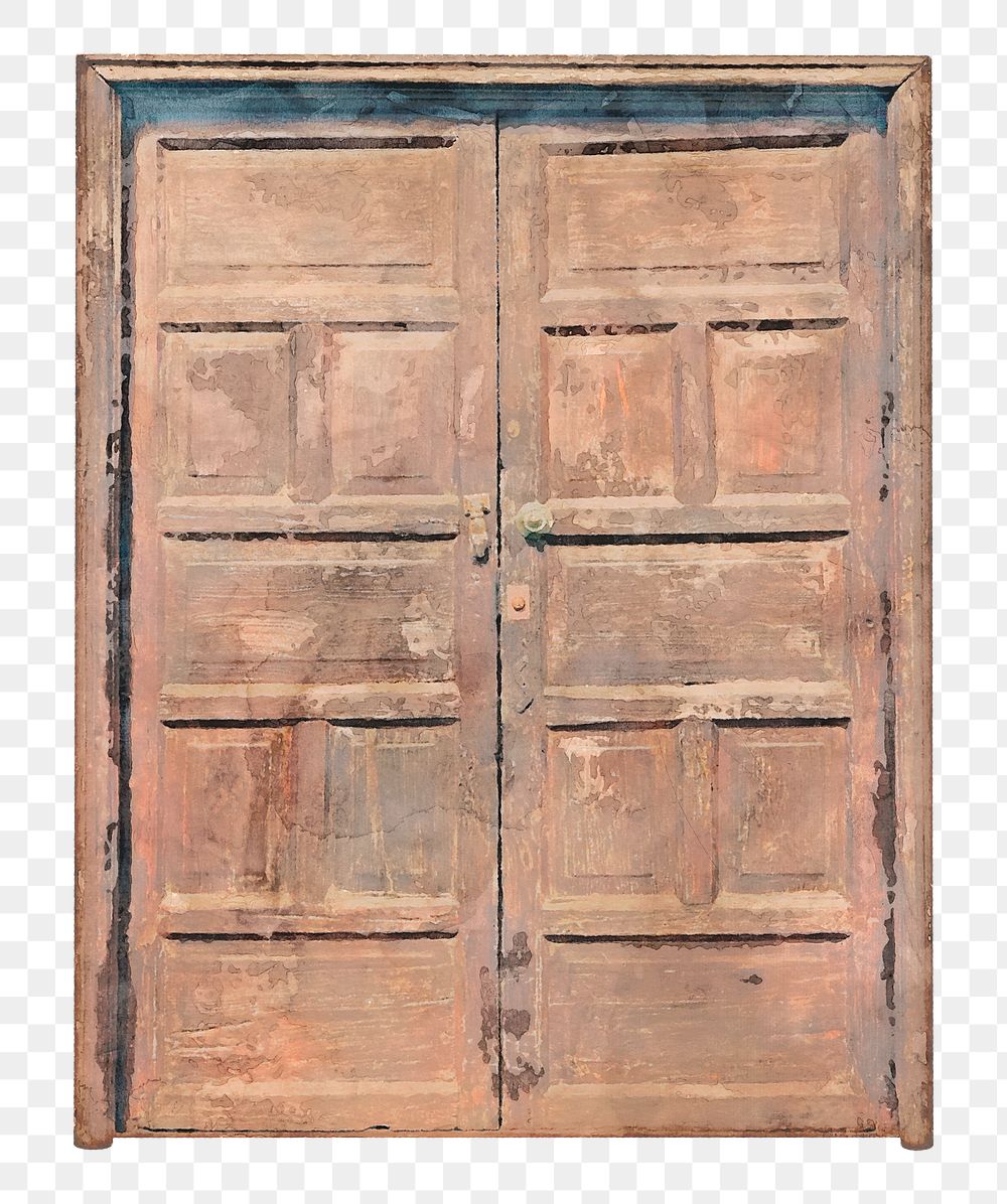 Old watercolor door png clipart, wooden interior illustration