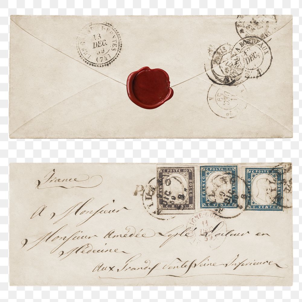 Antique envelope png, postmark and stamps, transparent background