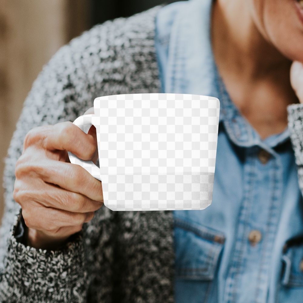 Coffee mug png mockup, senior woman at cafe, transparent design