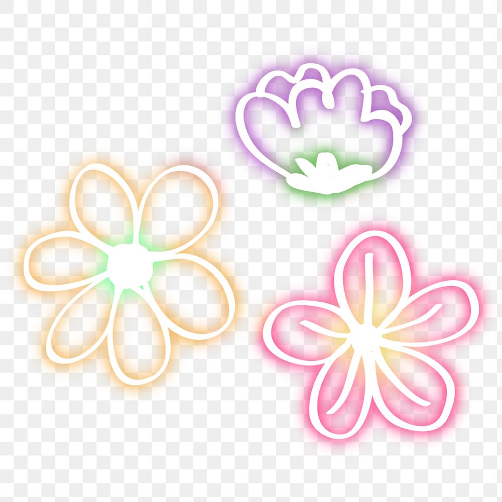 Neon flower png glowing sign set