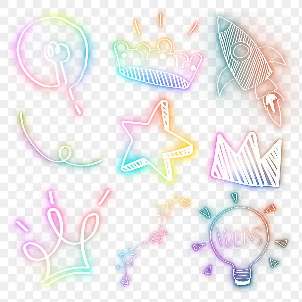 Rainbow led light png neon doodle set