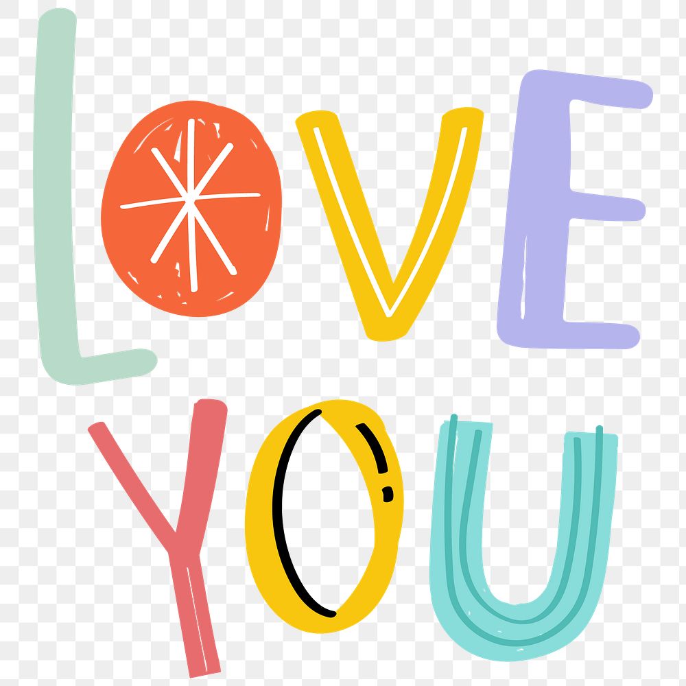 Love you word png doodle font colorful hand drawn