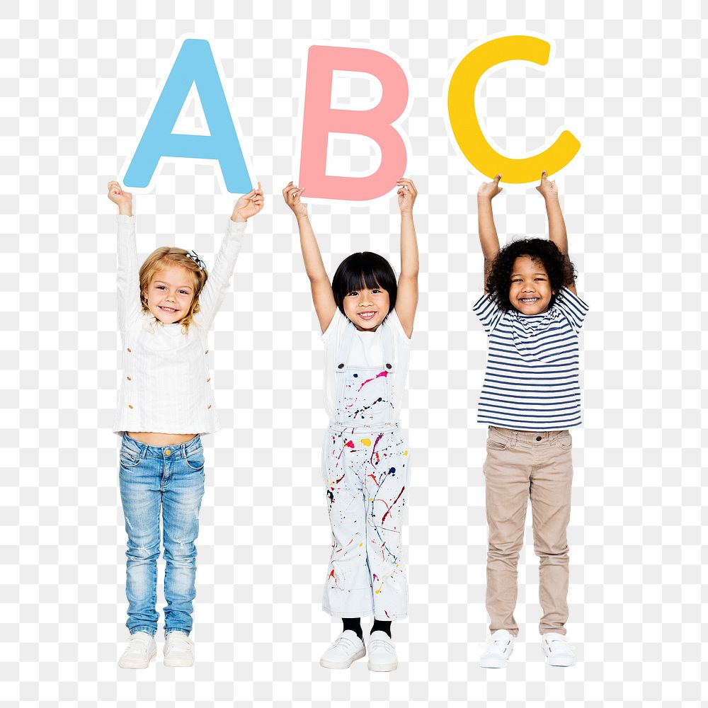 Diverse kids png sticker, learning ABC, education design in transparent background
