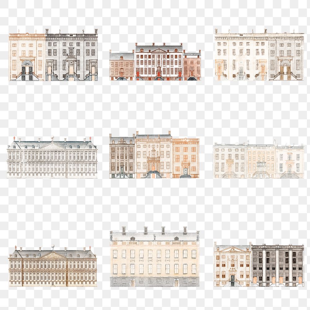 European old building png sticker vintage hand drawn illustration set