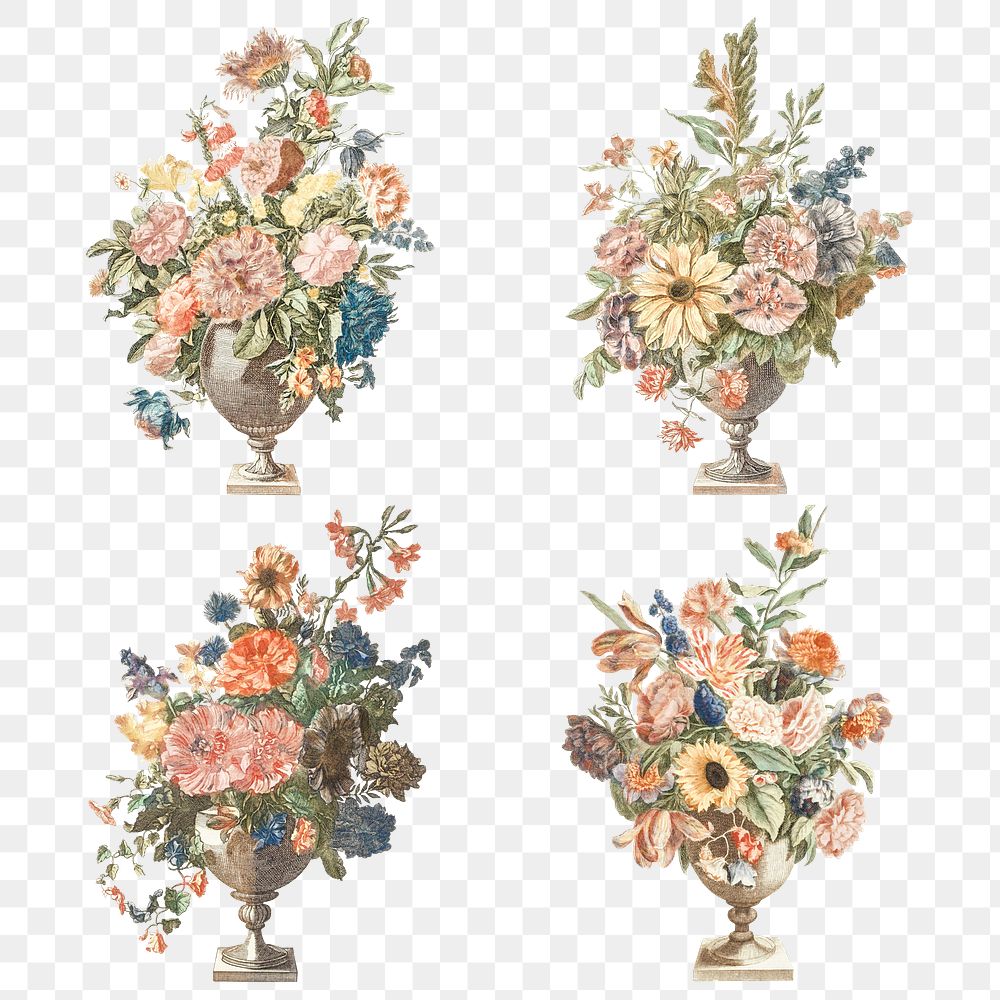 Flower bouquet in vase png sticker vintage illustration set