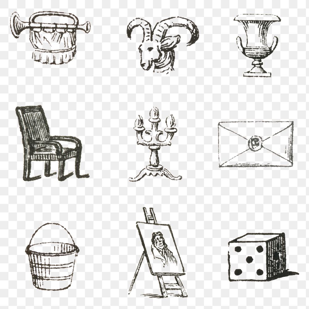 Vintage png line icon drawing set