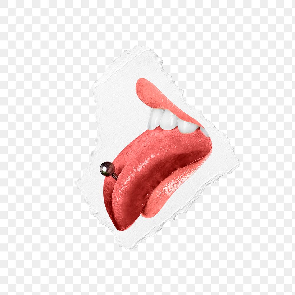 PNG pierced tongue lips closeup ripped paper sticker