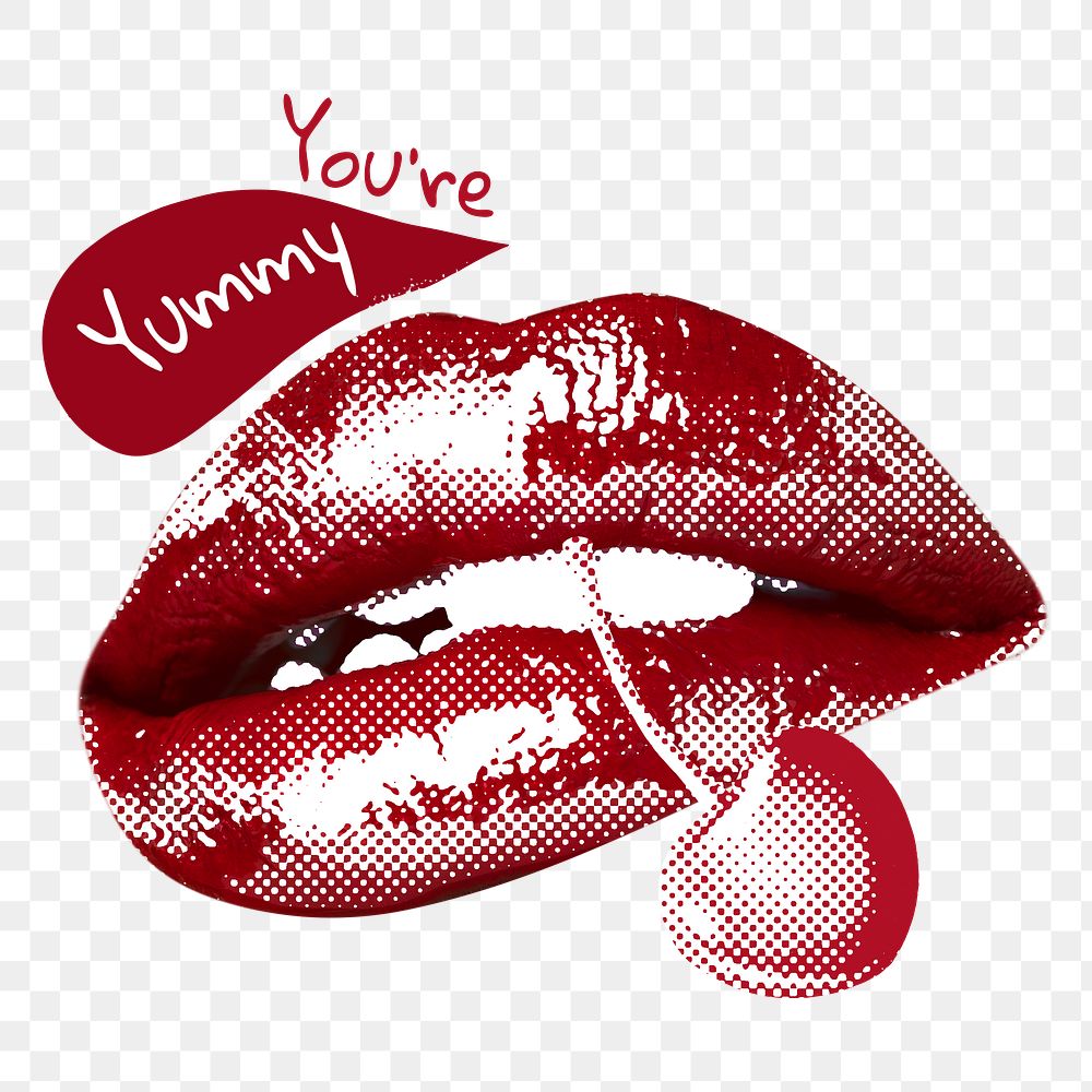 PNG &lsquo;You&rsquo;re yummy&rsquo; red lips png biting cherry cute Valentine&rsquo;s day sticker