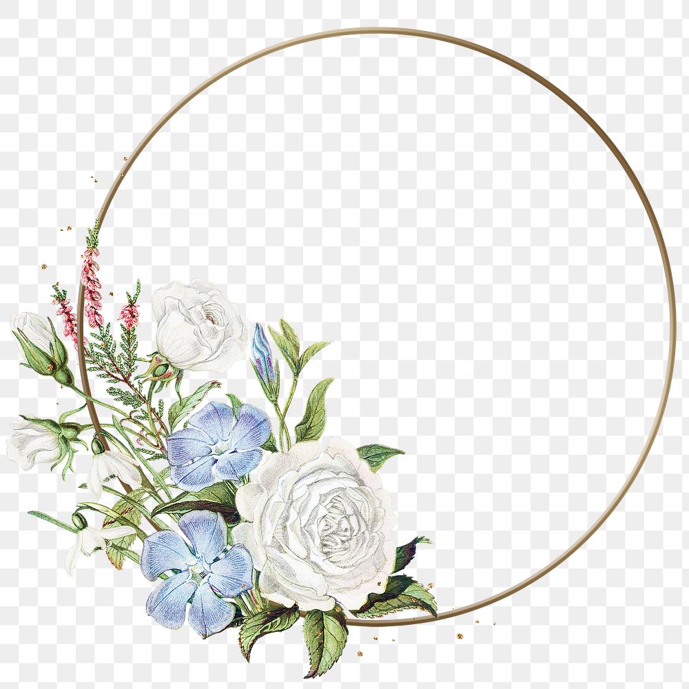 Png frame in gold with white rose flower decorations
