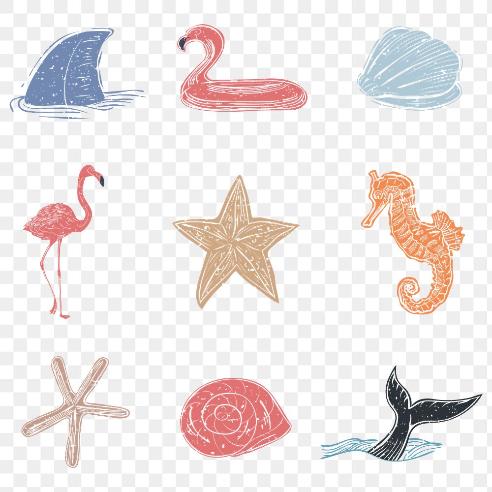 PNG sea life hand drawn icons set