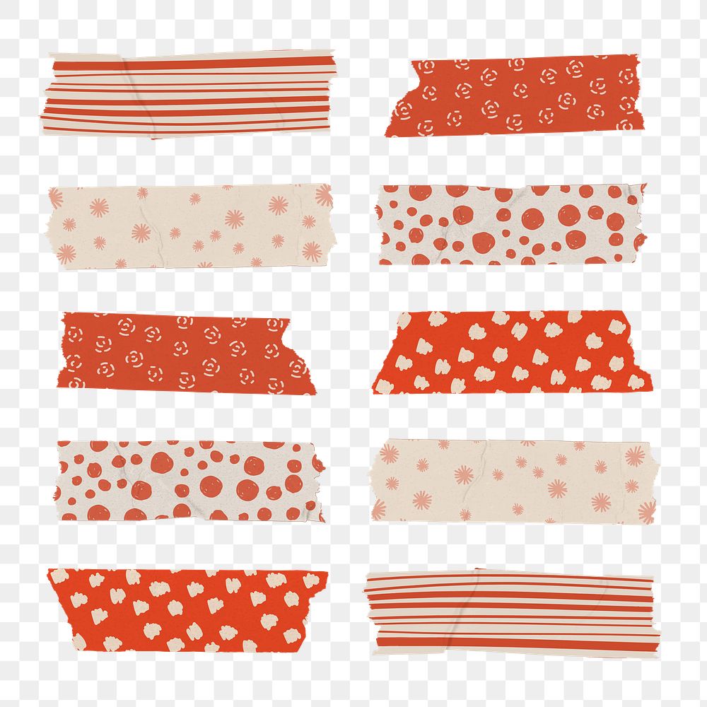 Doodle washi tape png clipart, red pattern set on transparent background