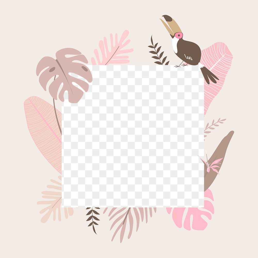 Pink botanical frame png with tropical leaves and toucan bird, transparent background 