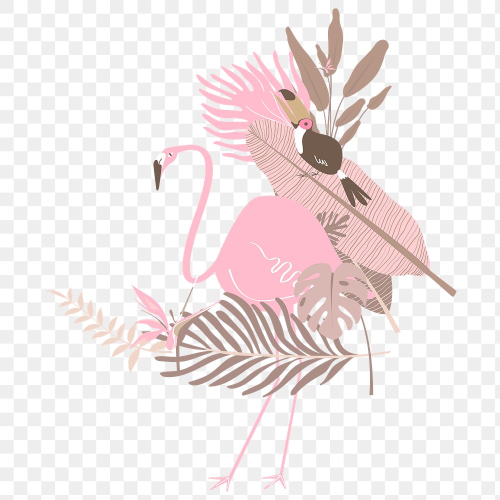 Pink bird botanical png clip art sticker, flamingo and toucan, transparent background 