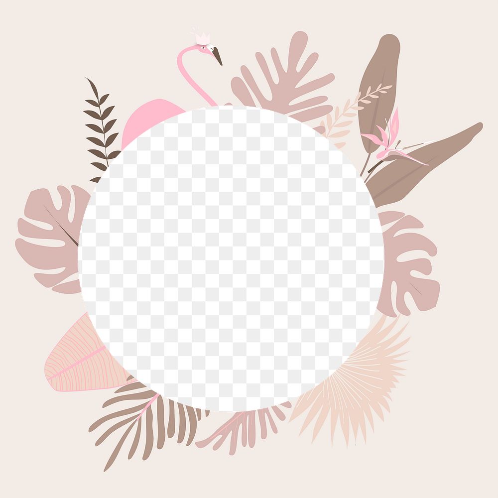 Pastel flamingo botanical png frame with tropical leaves, transparent background 