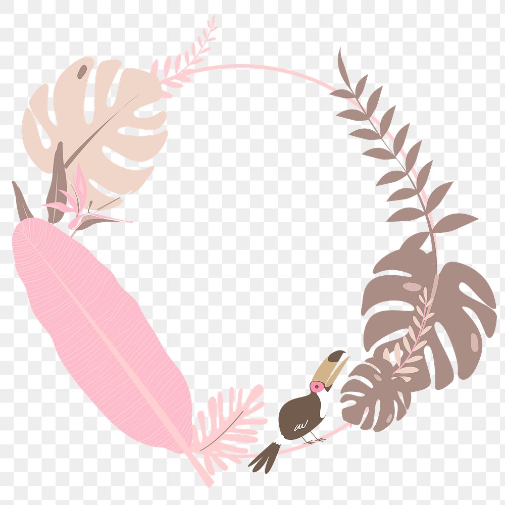 Rose gold botanical frame png with tropical leaves and toucan bird, transparent background 
