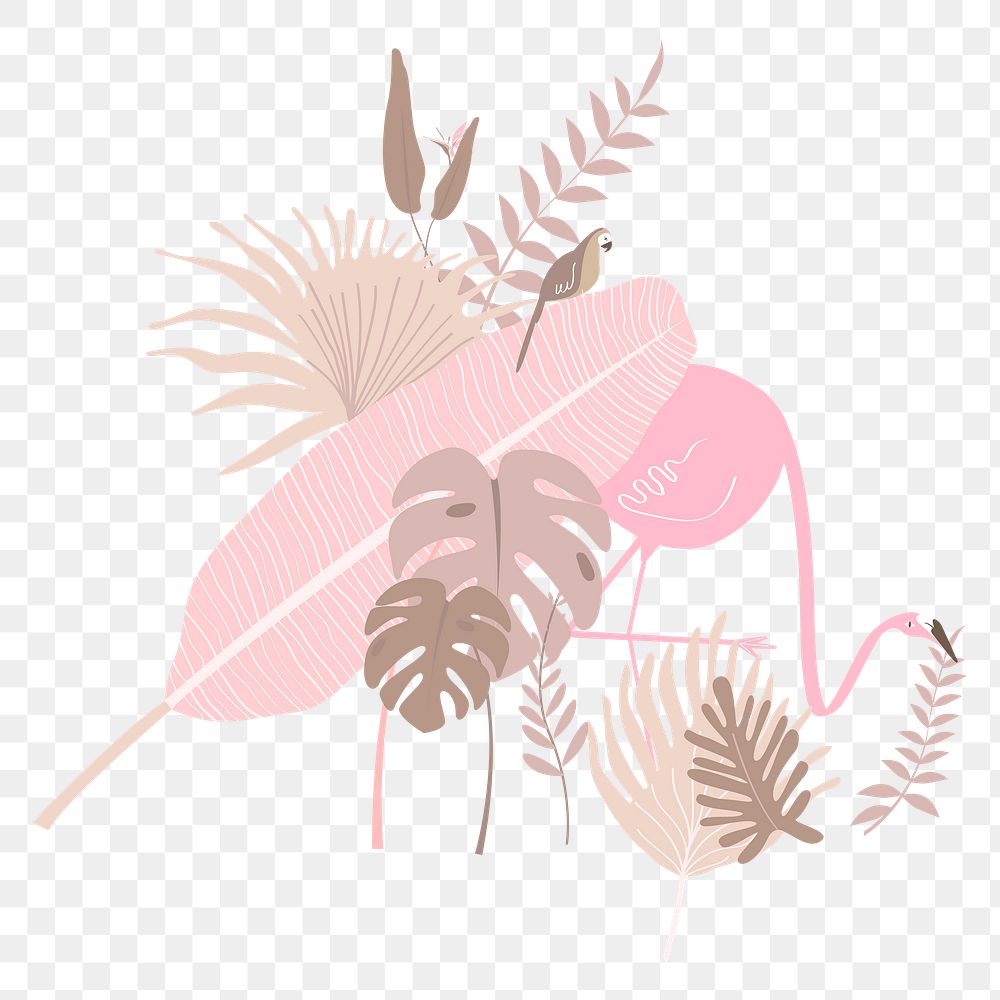 Pink parrot botanical png clip art, tropical leaves and bird graphic element on transparent background