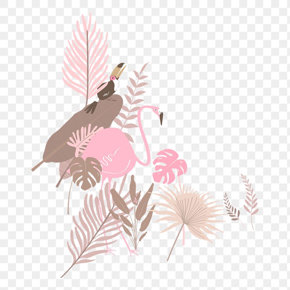 Pink botanical border frame, aesthetic tropical leaves, toucan and flamingo graphic element on transparent background