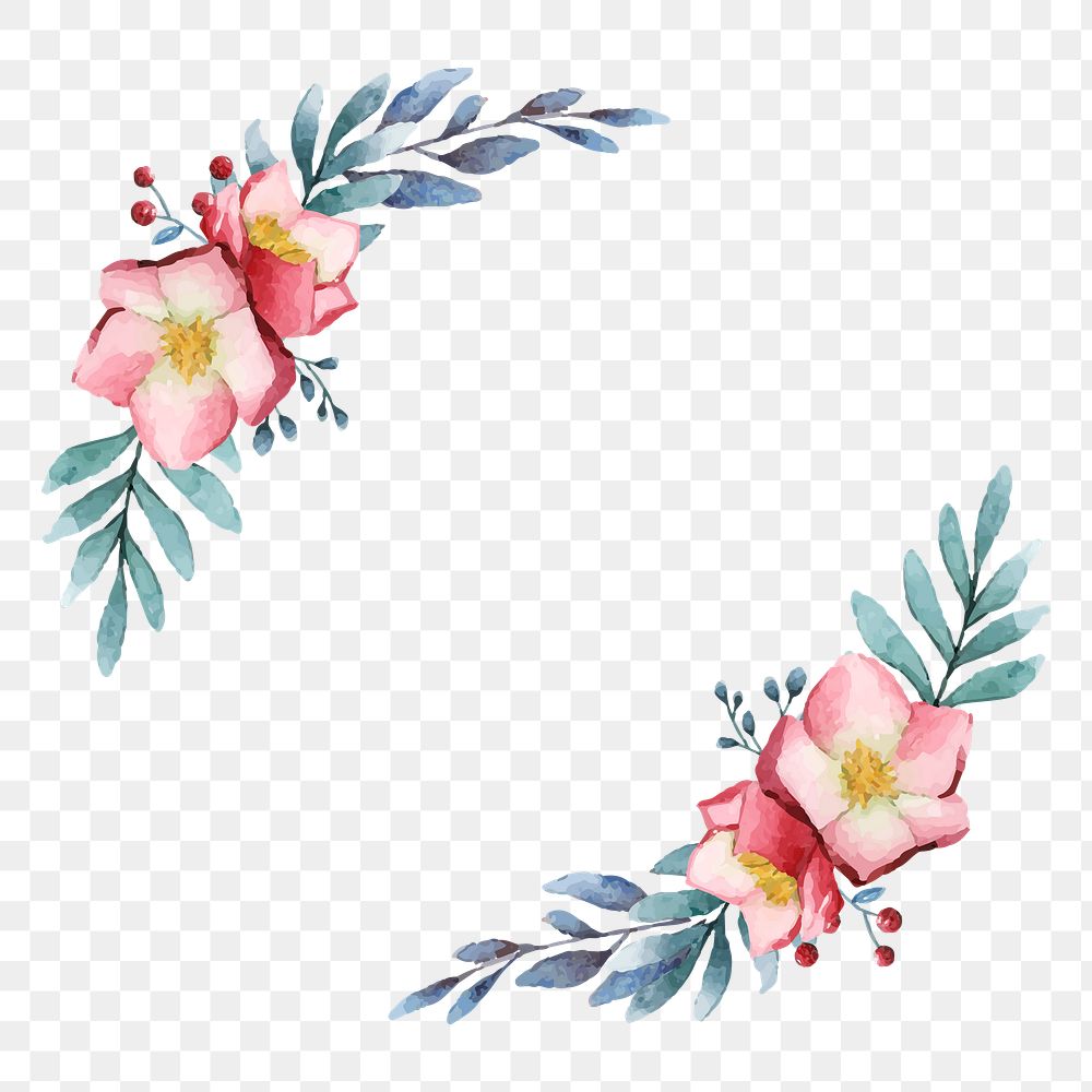 Pink flower png laurel border, blue watercolor design on transparent background