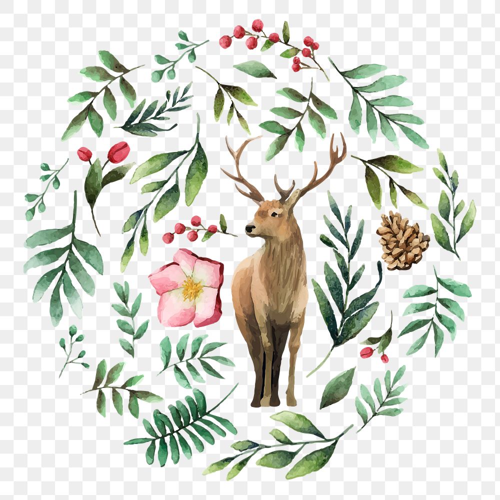 Christmas aesthetic reindeer png sticker, watercolor animal, botanical illustration on transparent background