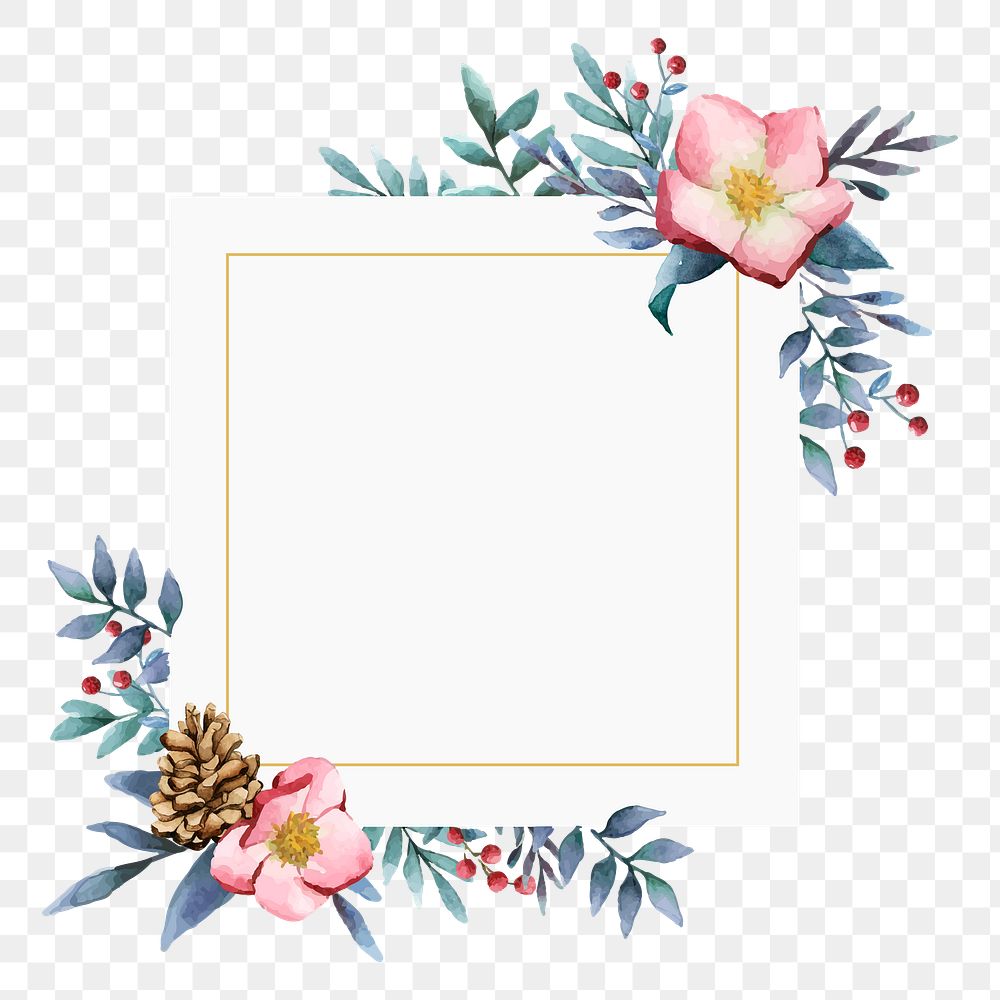 Square flower png frame, watercolor aesthetic on transparent background