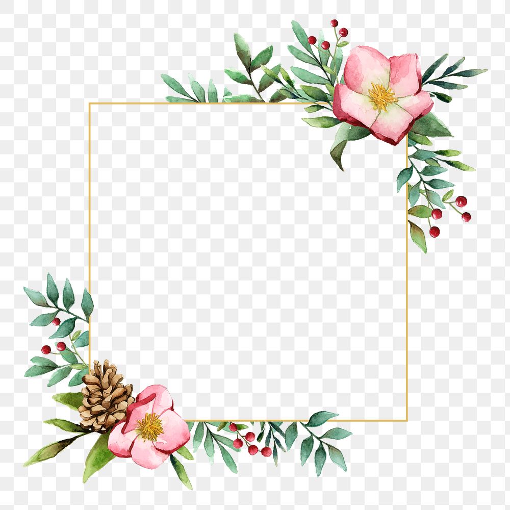 Square flower png frame, watercolor aesthetic on transparent background