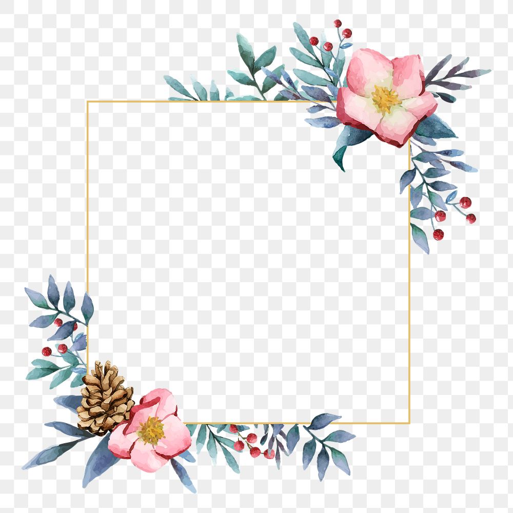 Square flower png frame, watercolor aesthetic on transparent background