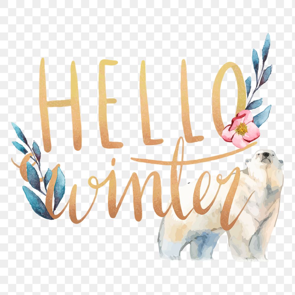 Hello winter png sticker, watercolor polar bear illustration on transparent background