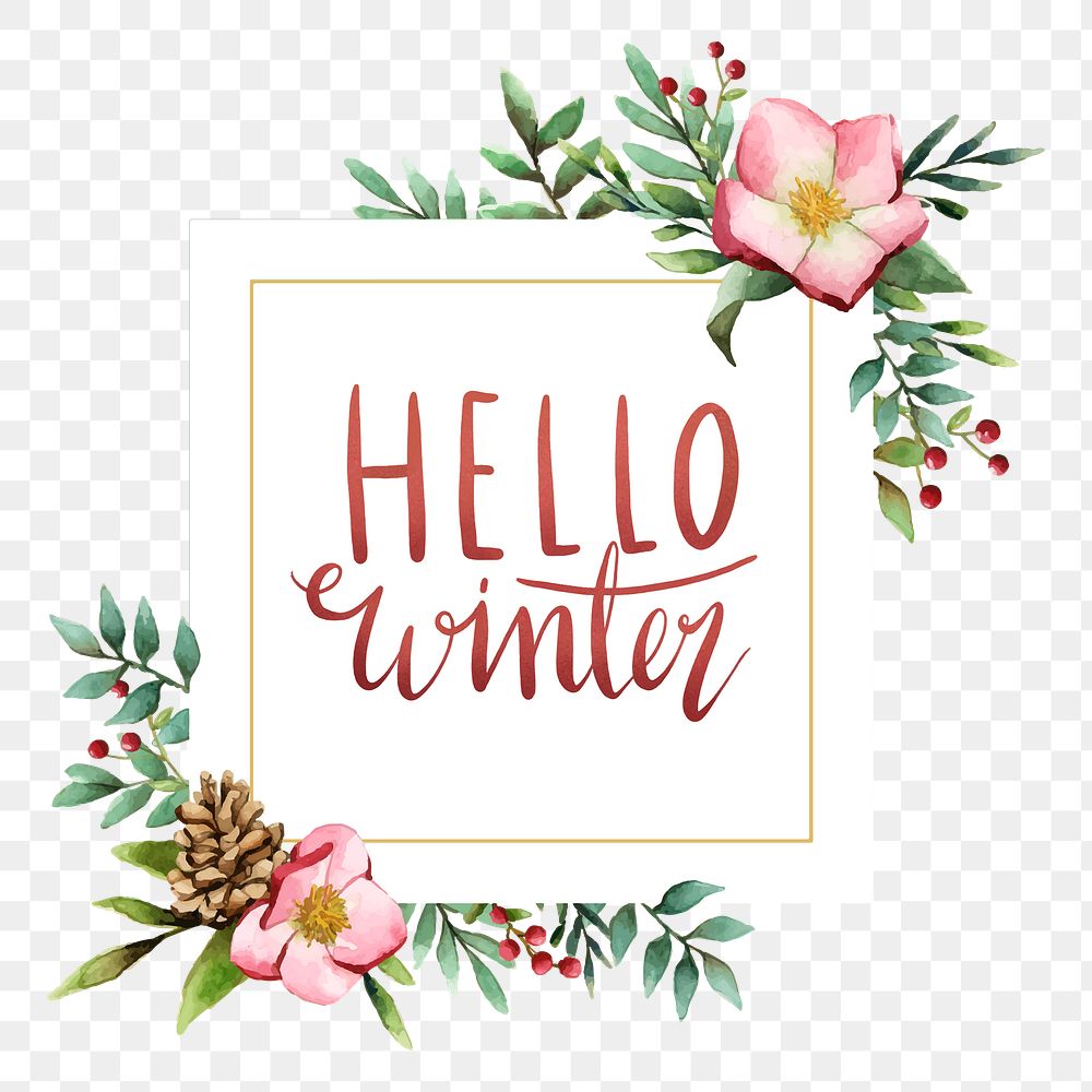 Hello winter png floral sticker, typography on transparent background