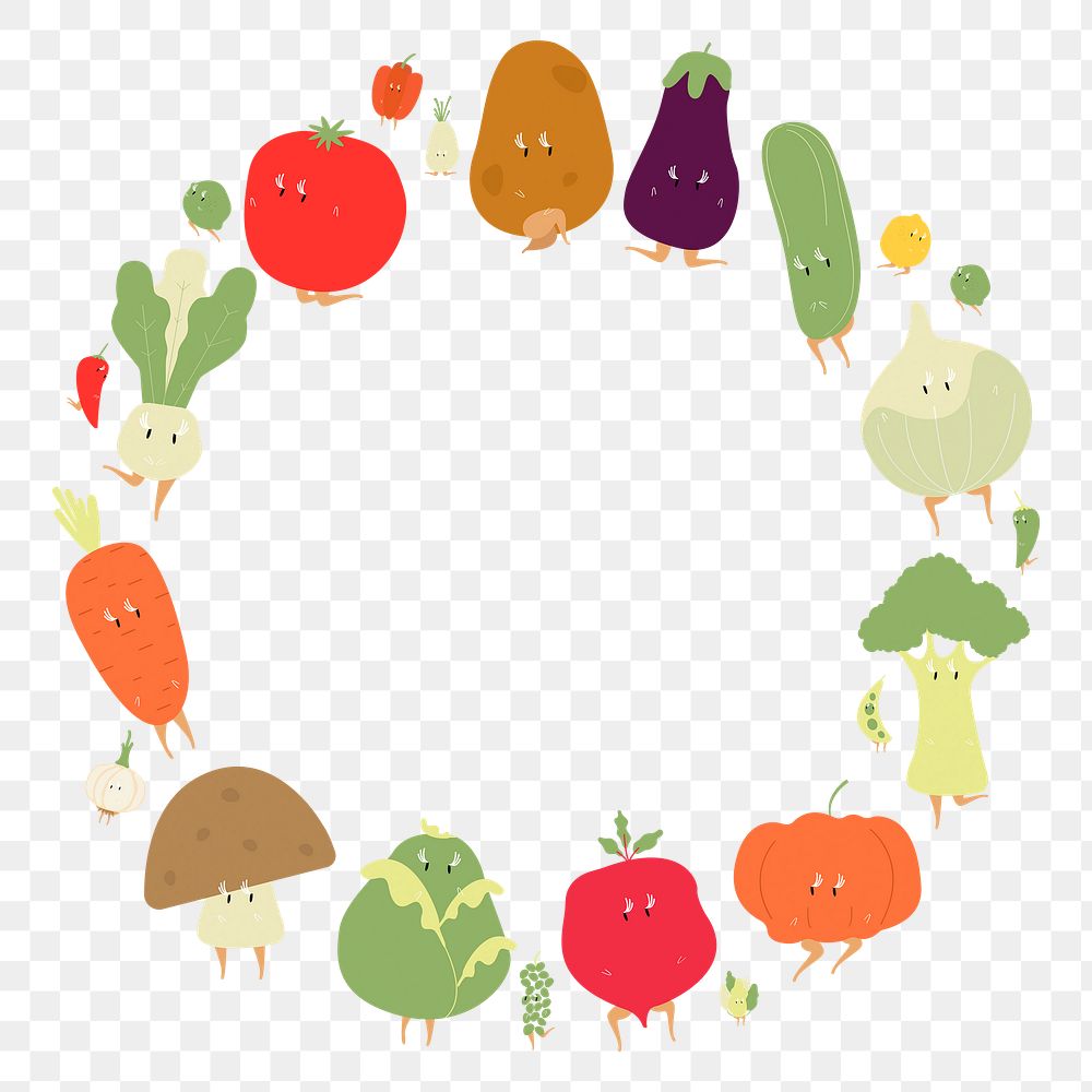 Cute vegetable png frame, healthy ingredients cartoon on transparent background