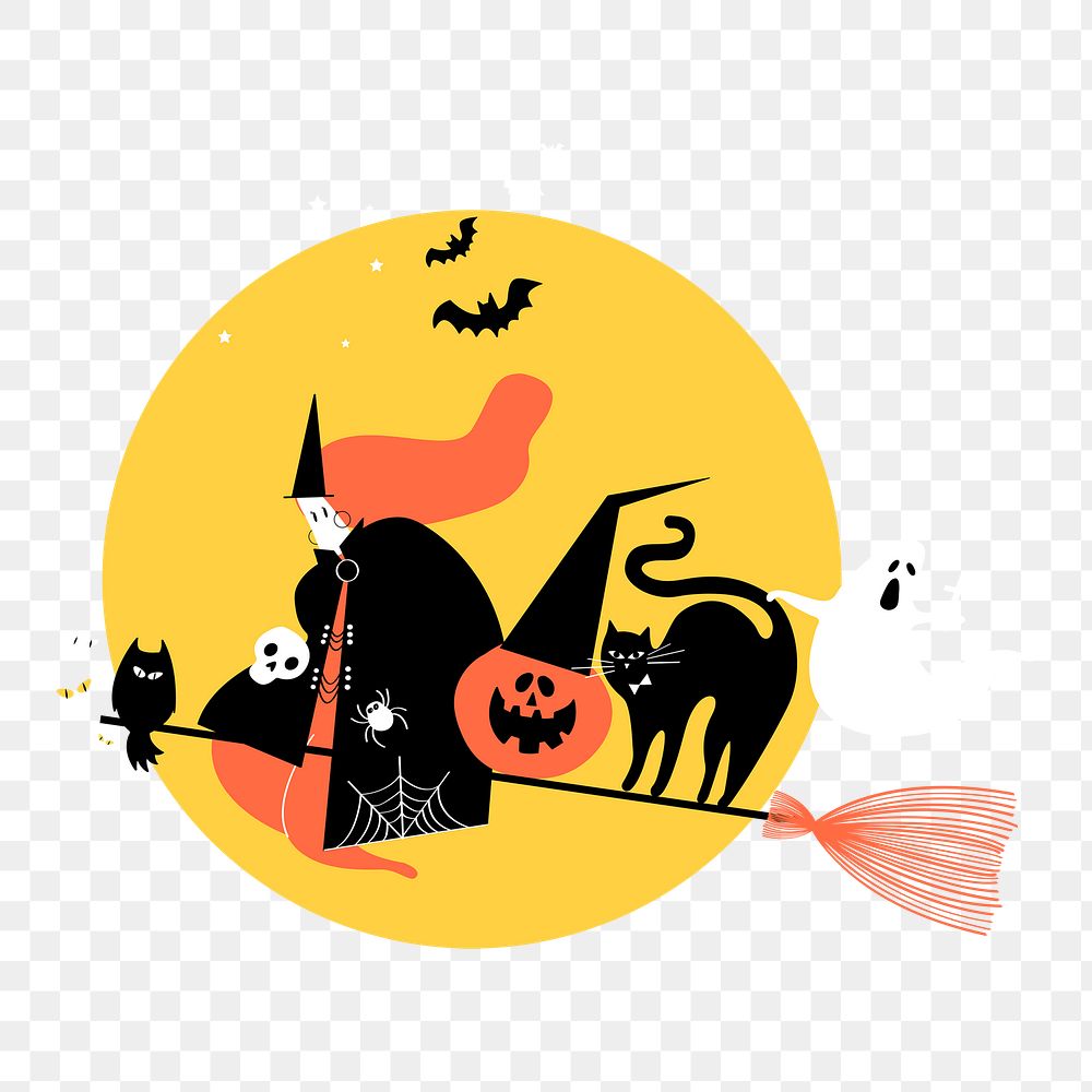 Halloween witch png sticker, flying on broomstick doodle on transparent background 