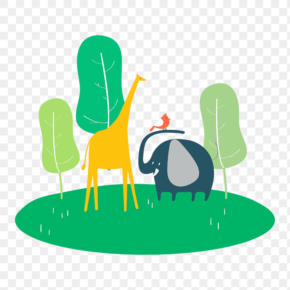 Giraffe, elephant png doodle sticker, animal illustration on transparent background