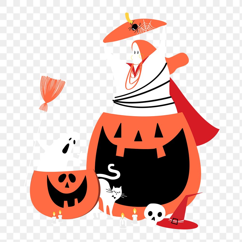 Halloween pumpkin png sticker, woman trick-or-treat illustration on transparent background