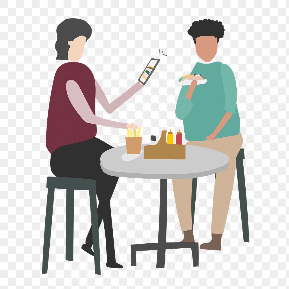 Friends hanging out png clipart, eating lunch, cartoon illustration