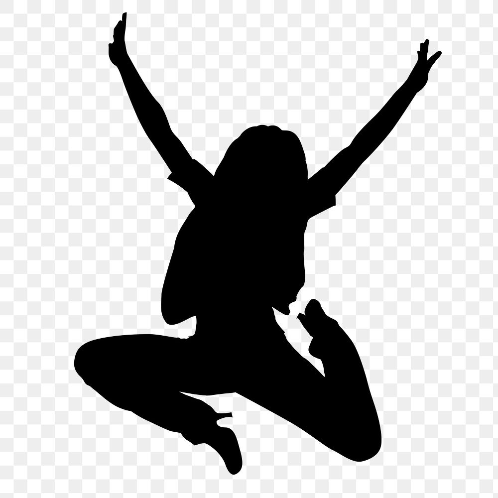 Woman png silhouette, jumping in excitement on transparent background