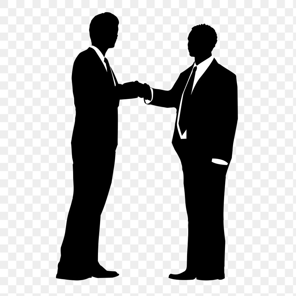 Businessmen shaking hands png silhouette sticker, black design on transparent background