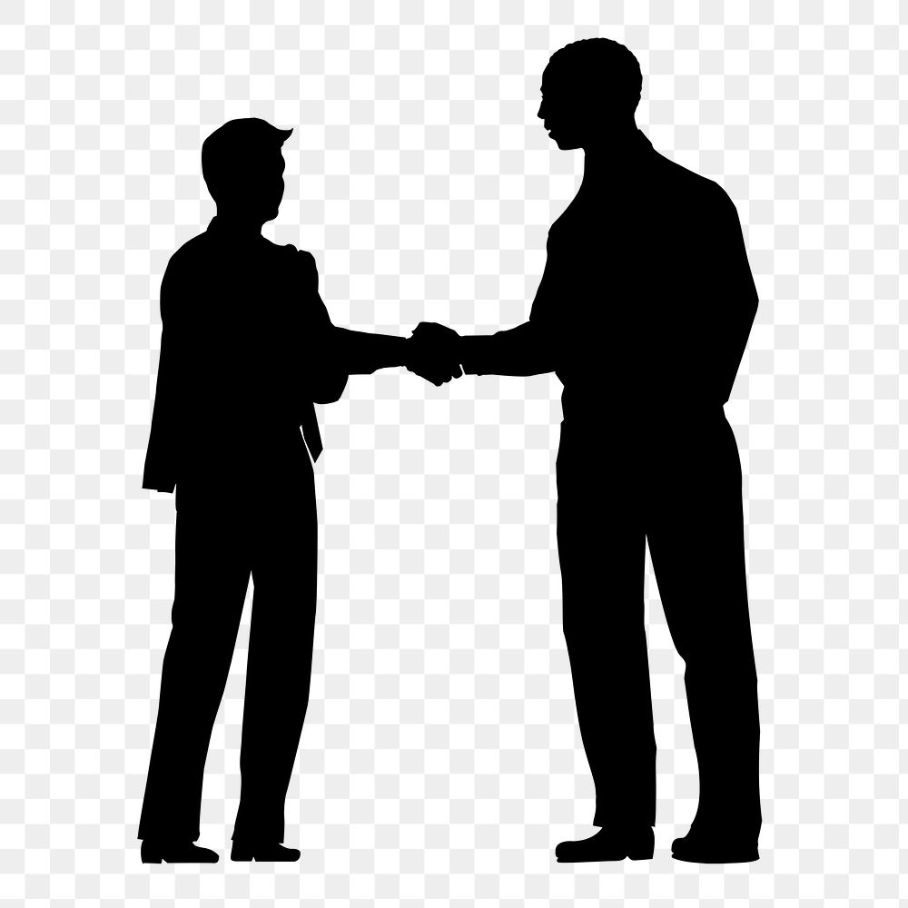 Business hand shake png silhouette sticker, two men in black on transparent background