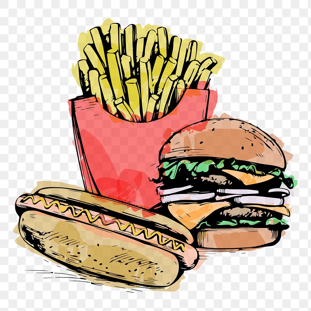 Fast food png clipart, watercolor design, transparent background. Free public domain CC0 graphic