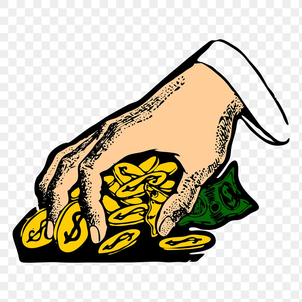 Hand png grabbing coins clipart, transparent background. Free public domain CC0 graphic