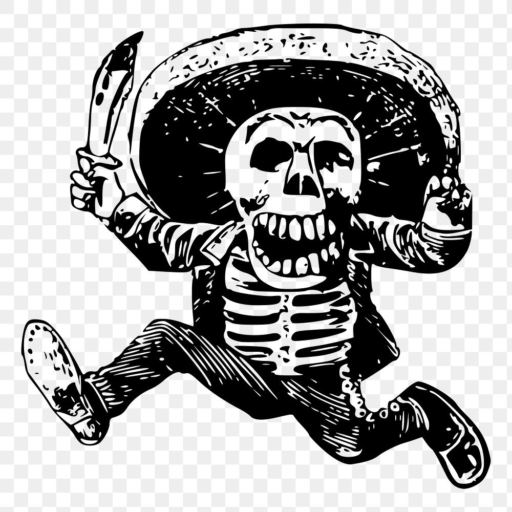 Mexican skeleton character png sticker vintage illustration, transparent background. Free public domain CC0 image.