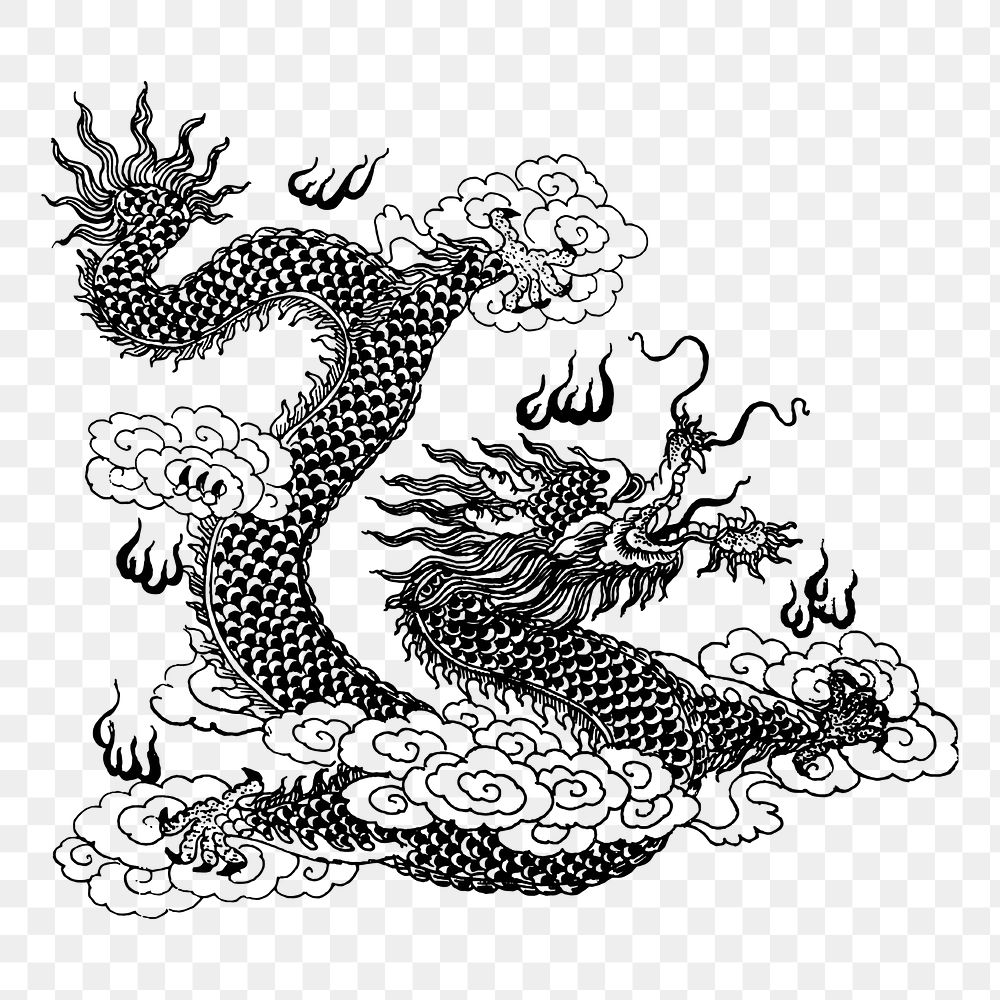 Asian dragon png drawing sticker vintage illustration, transparent background. Free public domain CC0 image.
